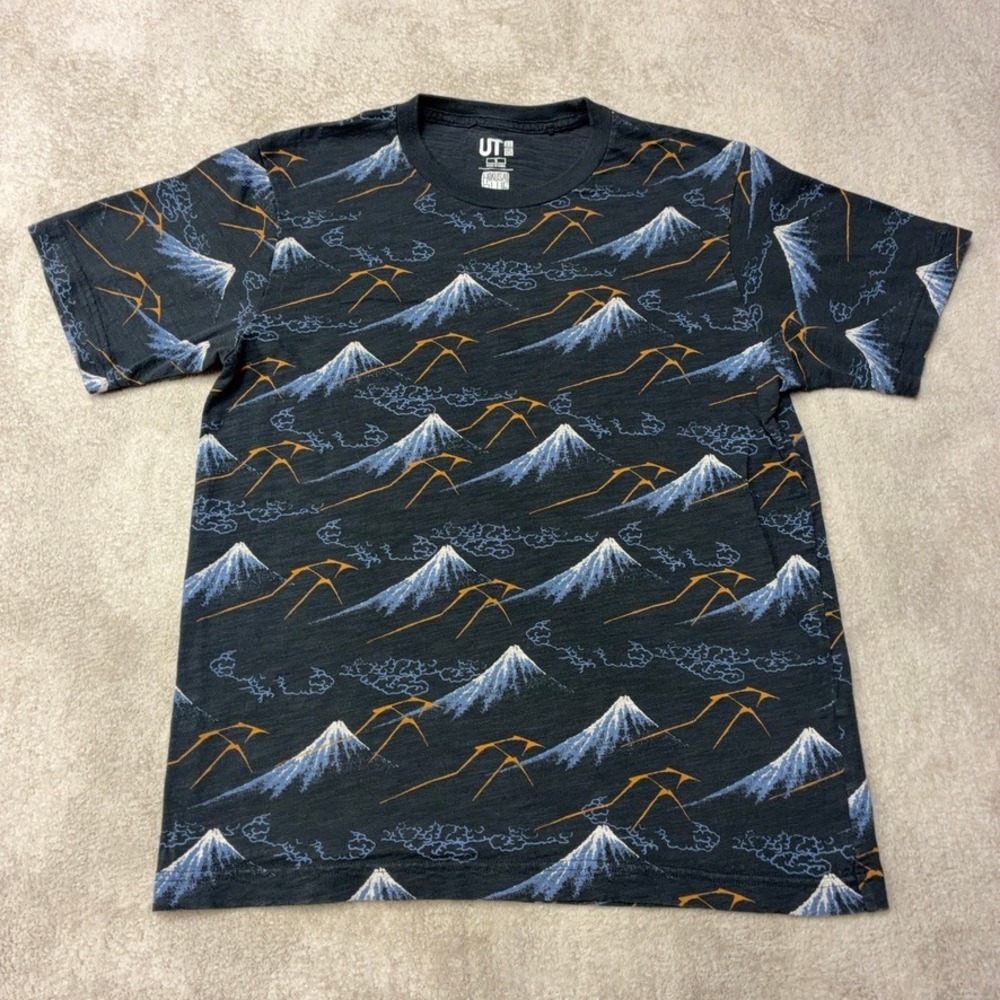 Uniqlo Hokusai Blue T-Shirt Mount Fuji Graphic Tee Slub Cotton Navy Mens Small